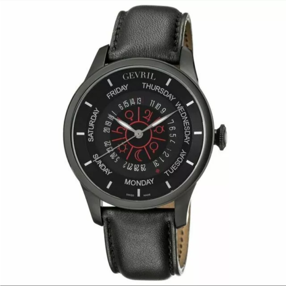 GEVRILColumbus Circle Automatic Black Dial Black Leather Men's Watch 2001 #109